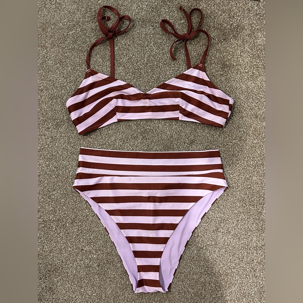 Aerie Two-Tone Striped Bikini in Pink and Brown